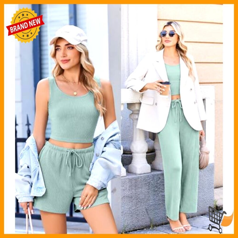 Soft Twisted Rib Knit Lounge Set 3 Piece Tank Shorts Pants Pocket - Picture 2 of 7